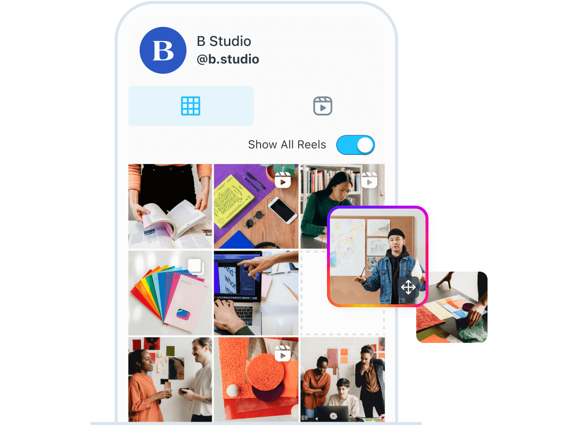 Instagram user B Studio uses Laters Instagram feed planner to visualize and rearrange Reels and photos before posting