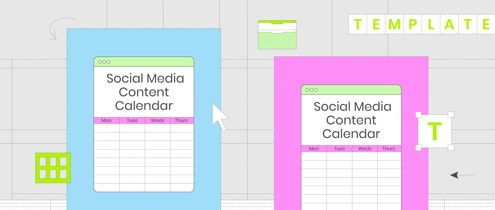 Two graphics of a social media calendar to signify the social media content calendar downloadable template