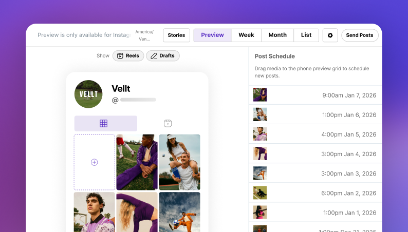 Later's visual planner showing a drag-and-drop Instagram feed preview with upcoming posts arranged in a grid.