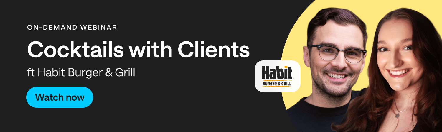 Banner promoting Later's on-demand webinar 'Cocktails with Clients' on influencer marketing with Habit Burger & Grill. Features 'Watch now' button, brand logos, and smiling host portraits on black and yellow design.