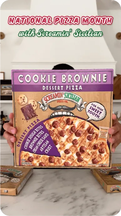 Instagram Reel still of a creator holding a box of Palermos cookie brownie dessert pizza