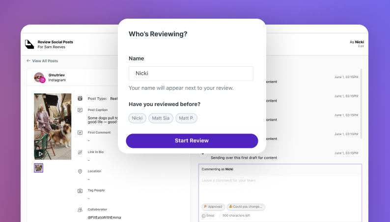 Later's permissions settings assigning roles like editor, approver, and viewer to different team members.