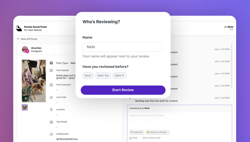 Later's permissions settings assigning roles like editor, approver, and viewer to different team members.