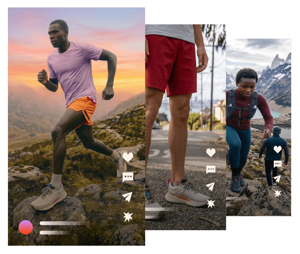 Trail runners across mountain landscapes, framed as social posts