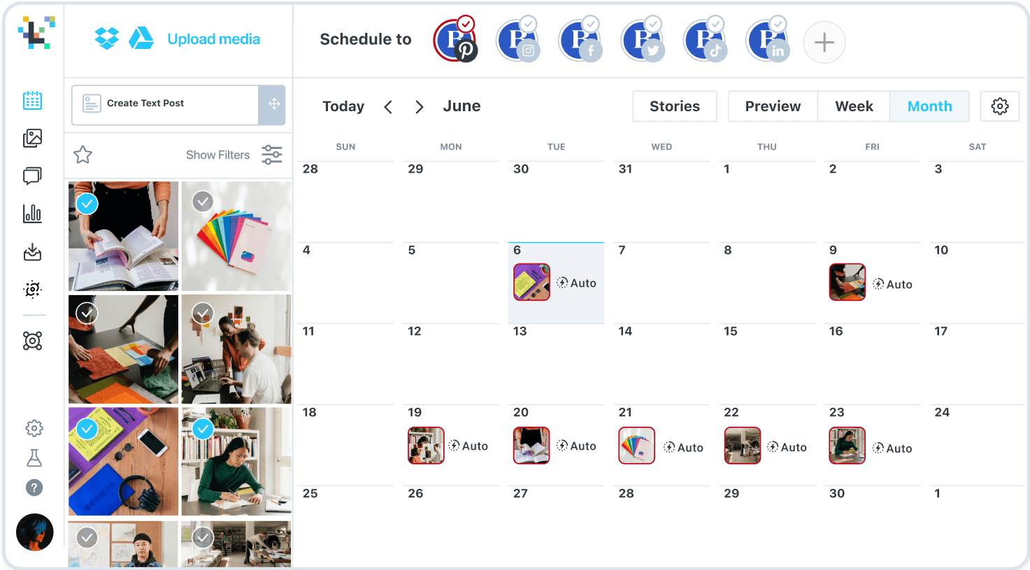 Vista mensual del calendario de Later para programar pins de Pinterest
