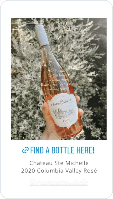 Instagram story post of creator holding a bottle of rose in front of a bush in bloom