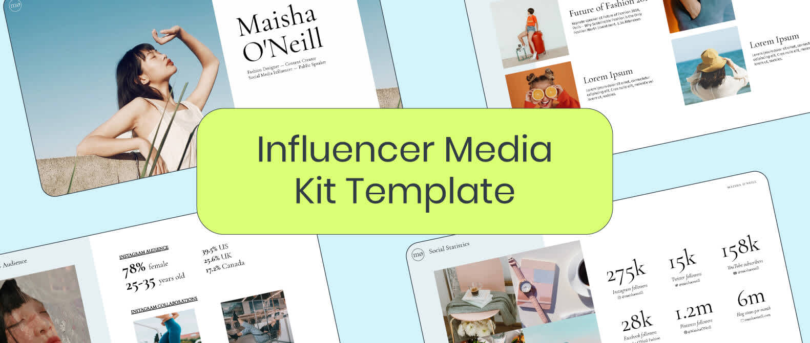 Header image reading Influencer Media Kit Template with collage of real media kits in background