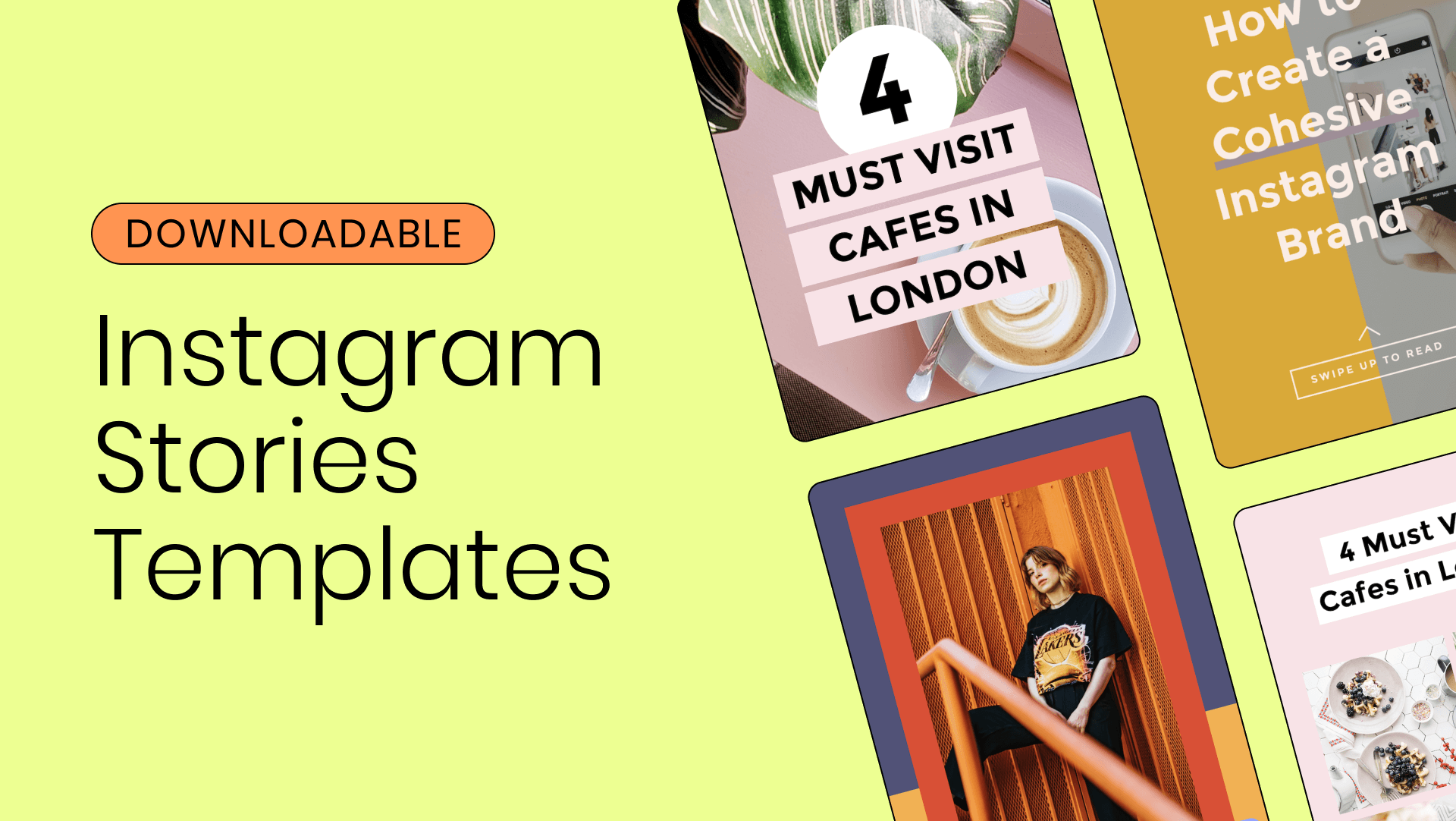 Thumbnail image showing the title Instagram stories templates, with a collage of Instagram stories image examples