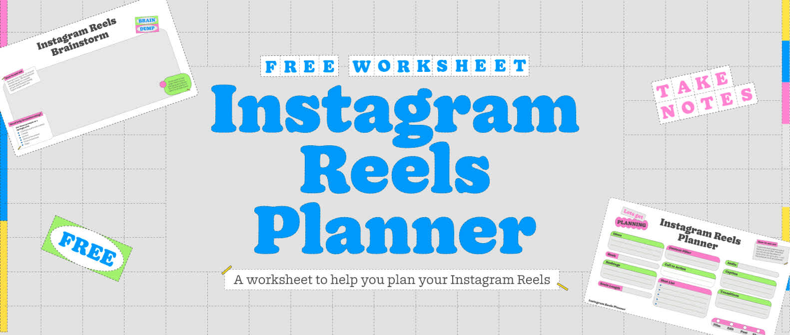 Header with Instagram Reels Planner over blue patterned background with planner graphics