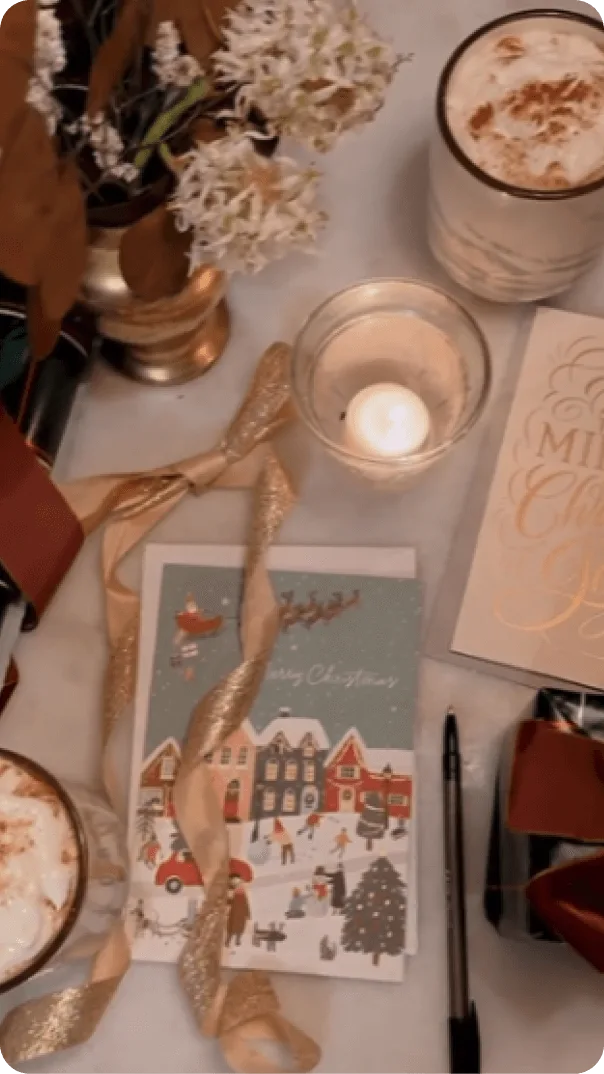American Greetings Christmas cards on table next to glasses of eggnog and a lit candle