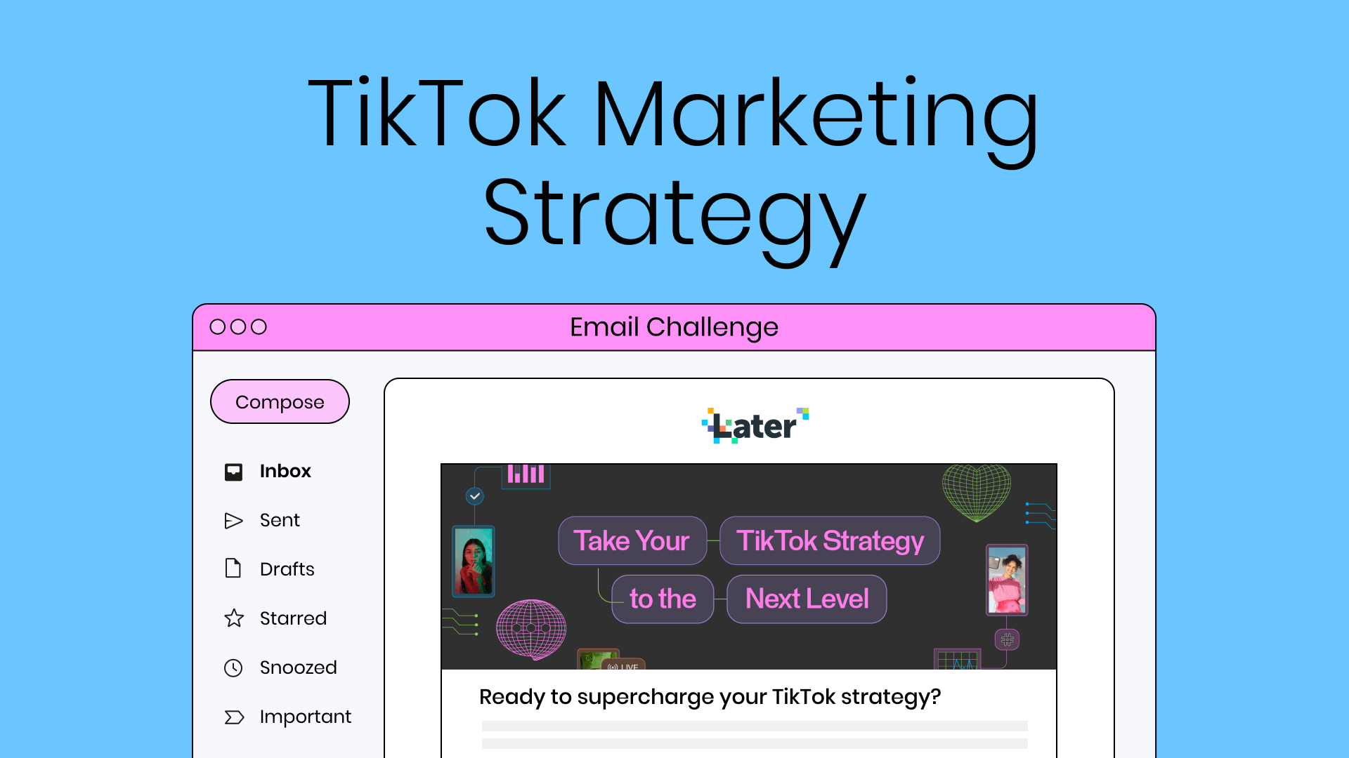 Thumbnail image with the title “tiktok marketing strategy” above a sample email inbox against a blue background