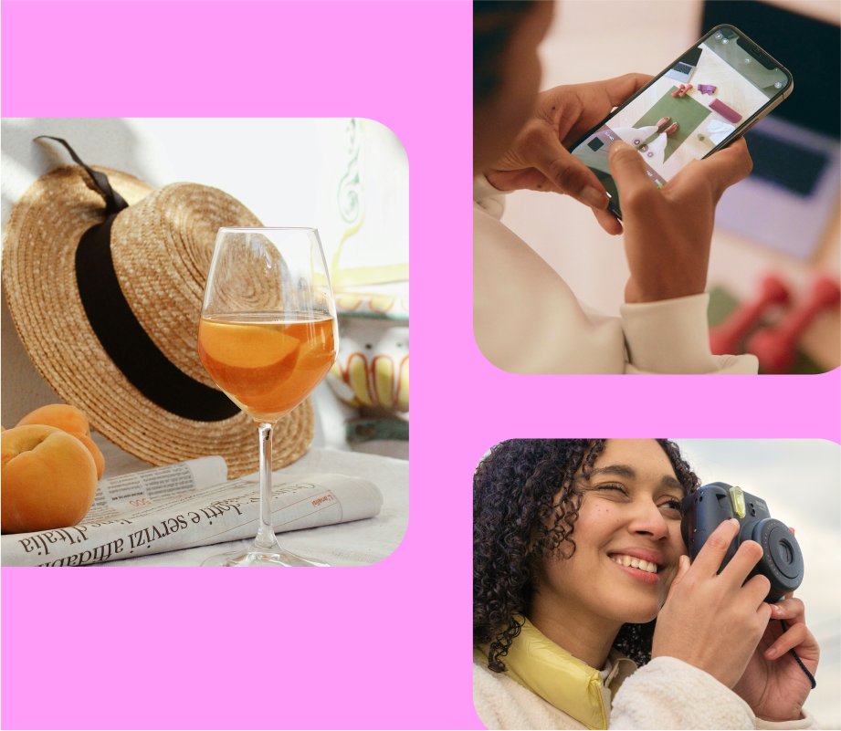 Collage image of cocktail, person on phone, and person using polaroid on a pink background