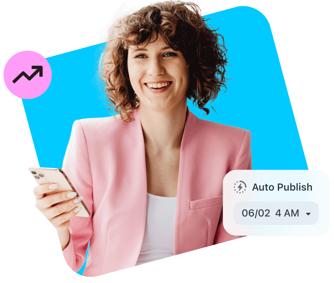 Woman in pink blazer uses Later to schedule and publish social media content