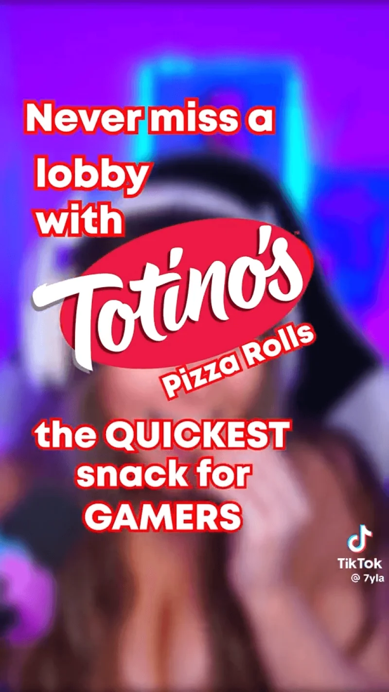 Still from TikTok promoting Totinos as a snack for gamers
