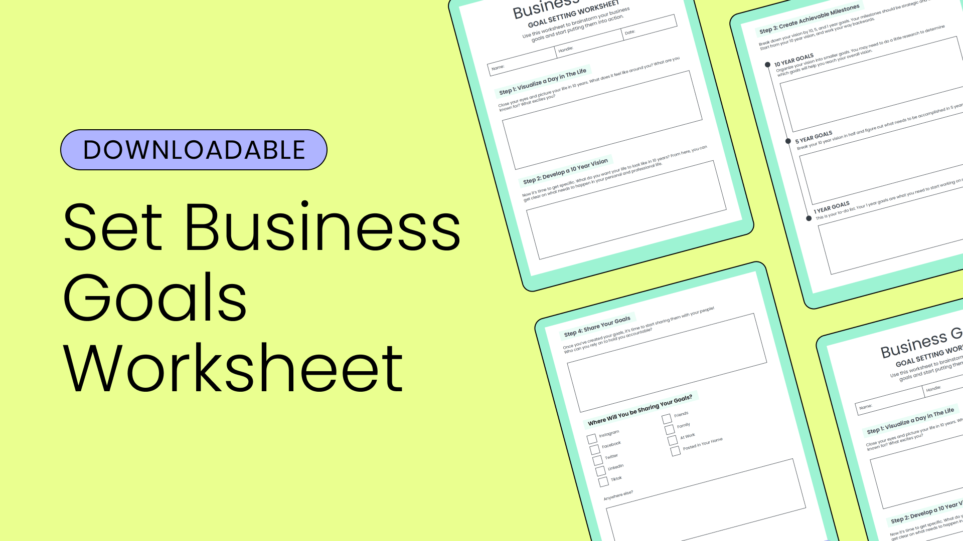Cover poster highlighting the set business goals downloadable worksheet, including sample images of the guide