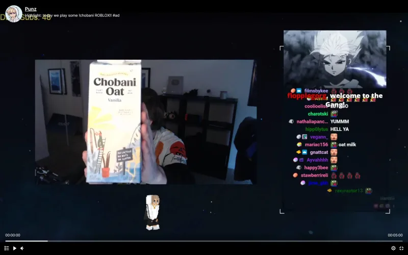  Screenshot of Twitch influencer Punz holding the Chobani Vanilla Oat Milk in a live stream