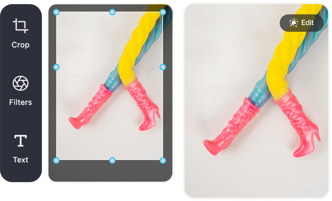 User crops and edits an image of someone wearing yellow pants and pink boots with Laters content creation tools
