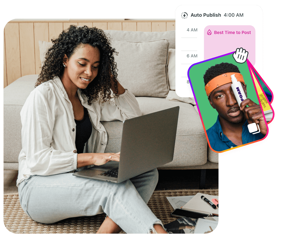 Woman preschedules social media content from her laptop using the content calendar in Later Social