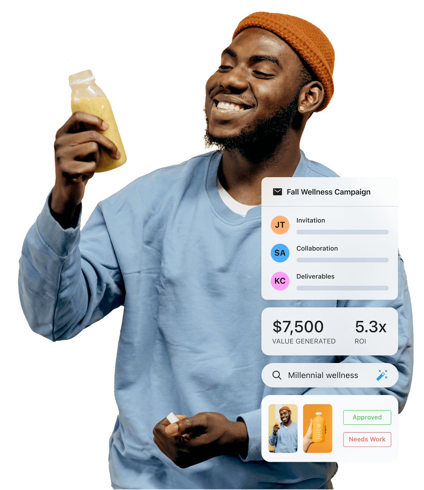 Influencer enjoying a bottle of juice next to ui elements from the Later app.