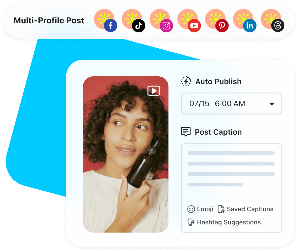 A user schedules a post to Facebook, TikTok, Instagram, YouTube, Pinterest, LinkedIn, and Threads using Later