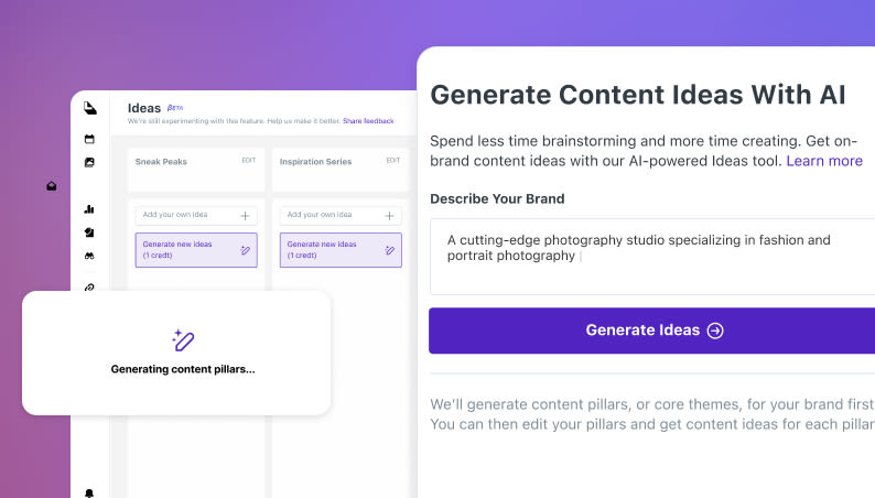 Later's AI content ideas tool suggesting post concepts organized into content pillars for a content calendar.