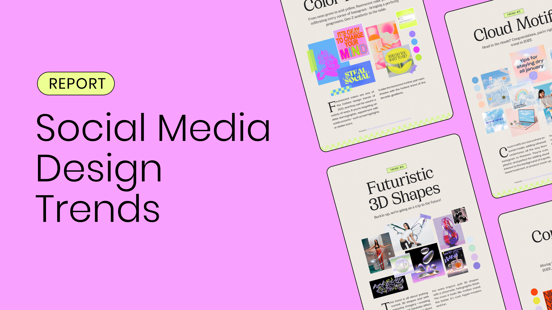 Social media design trend examples like futuristic 3d shapes and cloud motifs