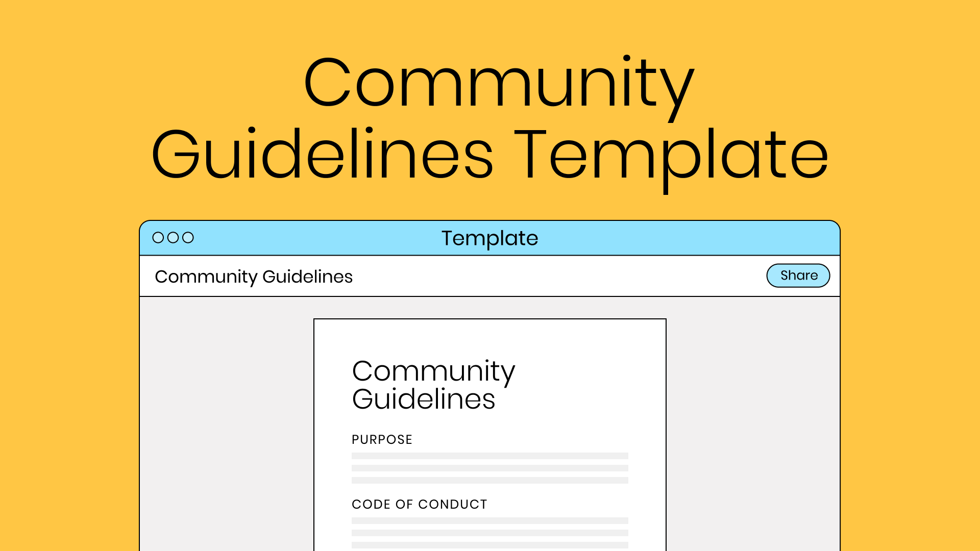Thumbnail of the community guidelines template, showing a preview of the doc with subheadings “purpose” and “code of conduct”