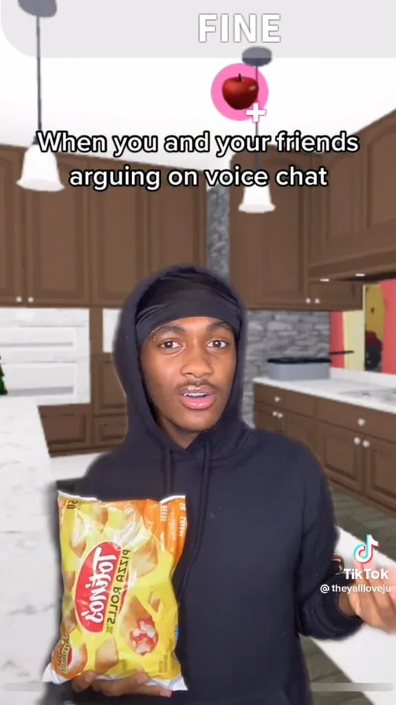 Still from TikTok featuring a creator arguing with his friends over voice chat with a bag of Totinos