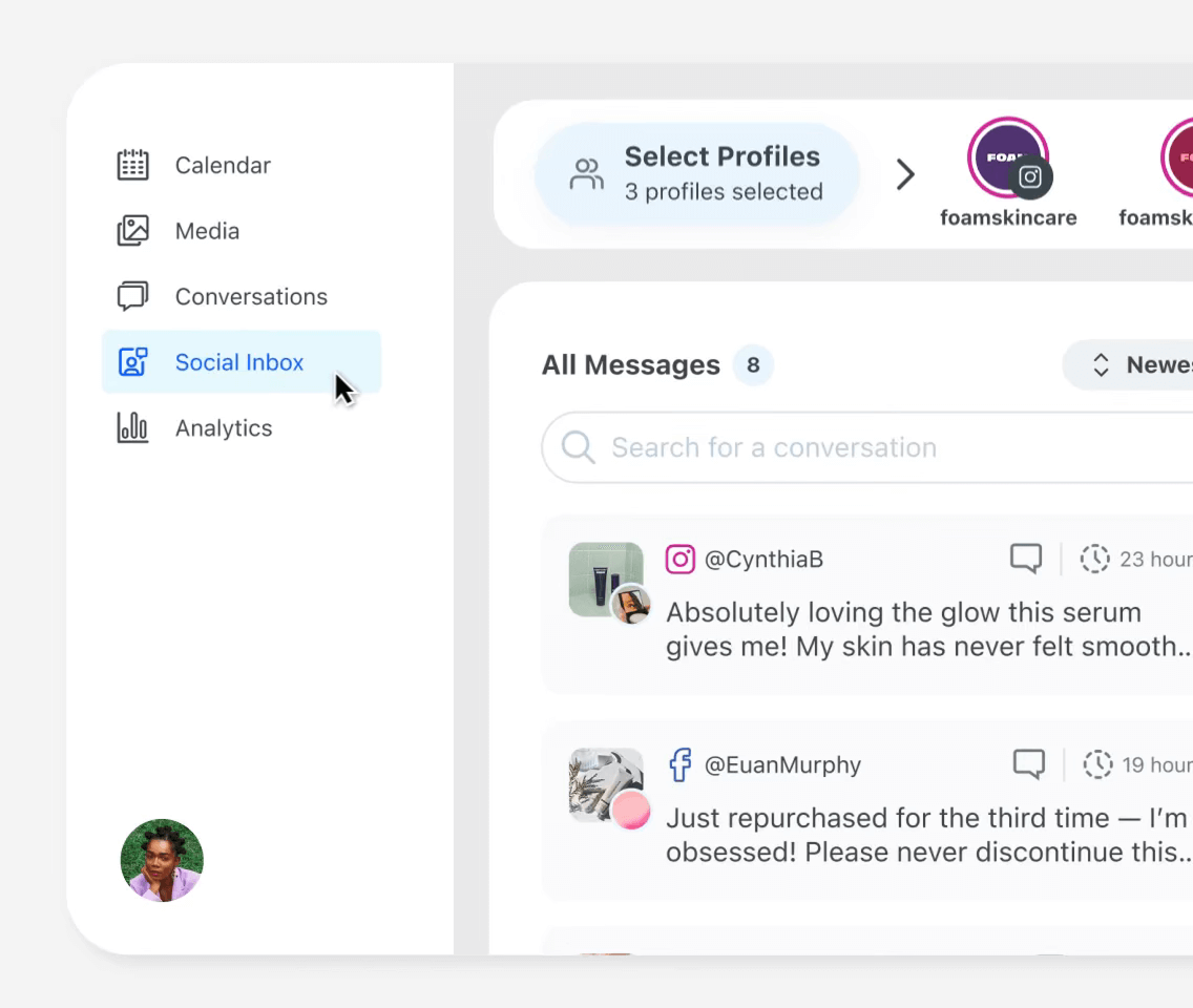 Later Social Inbox dashboard allows you to view all your social media messages in one place