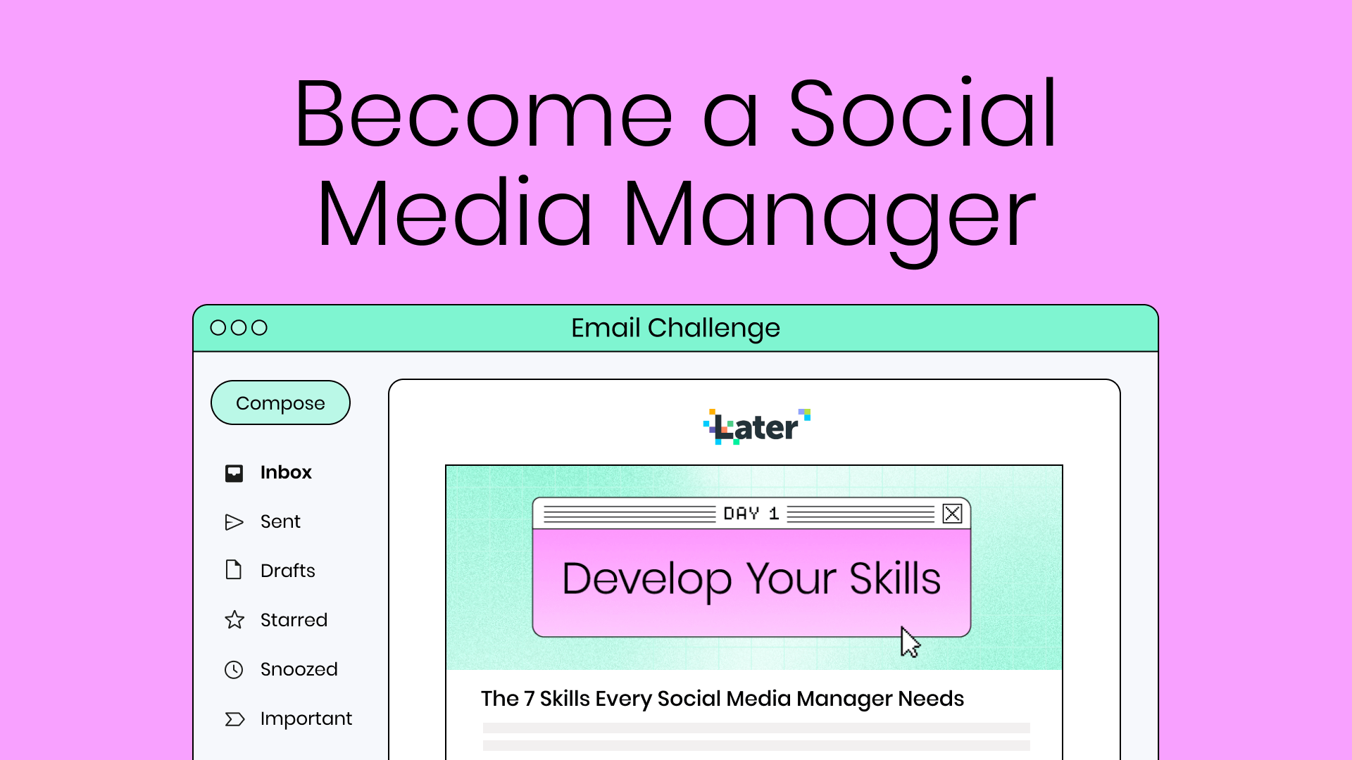 Thumbnail showing the title “become a social media manager” above a sample email inbox, viewing day 1 of the email challenge