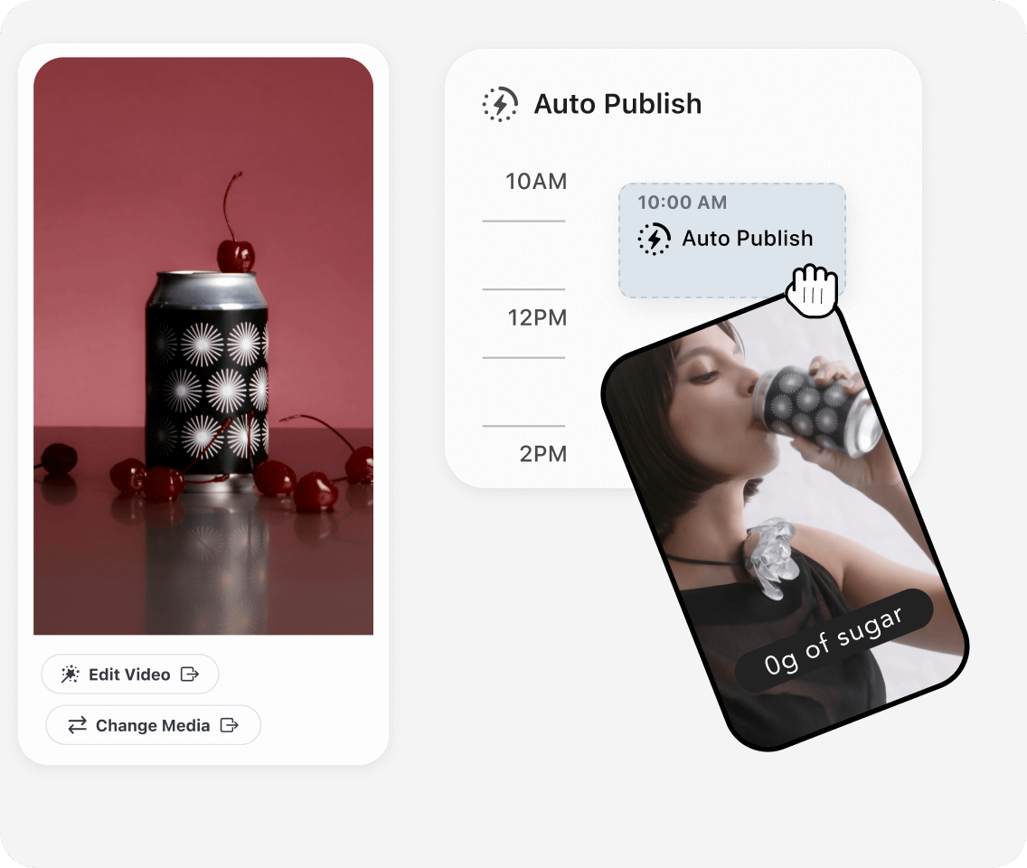 Holy Pop edits videos and changes media in the Later social media management platform and schedules a creator-generated post to auto publish to Snapchat