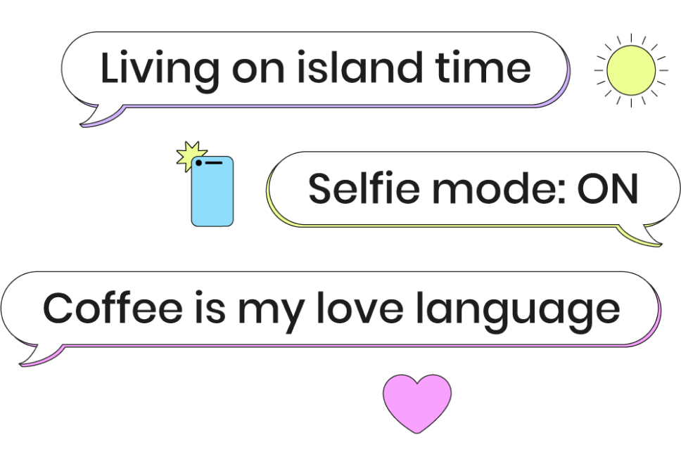 Header image for Captions Library with 3 captions: selfie mode ON, living on island time, and coffee is my love language