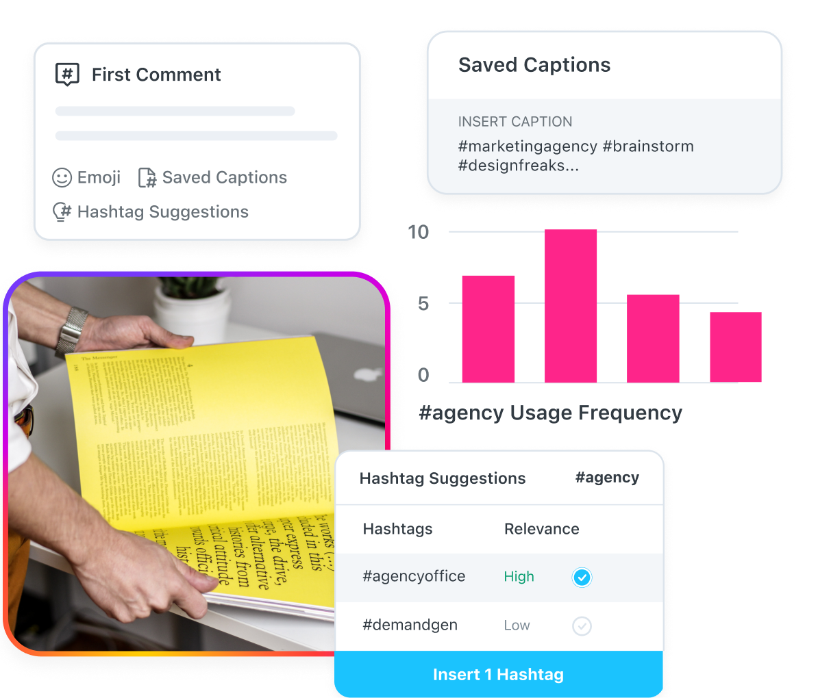 Utiliza las herramientas de hashtags de Later para encontrar y guardar los hashtags que resuenen con tu audiencia