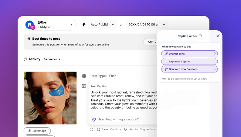 Later's AI caption writer generating multiple caption options from a post description, ready to edit.