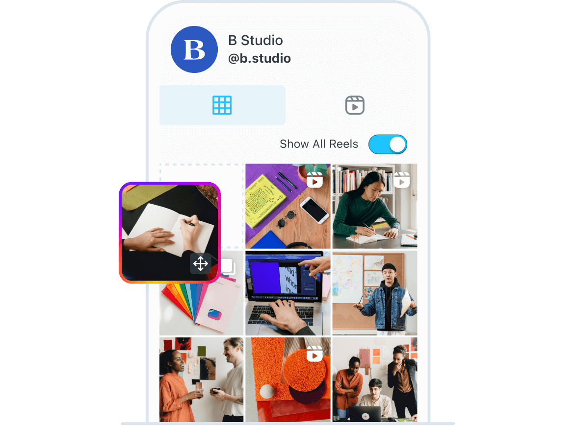 B Studio drags and drops posts in the Later Visual Planner to plan their Instagram Grid