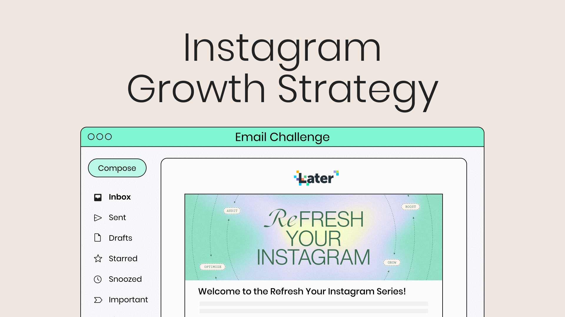 Thumbnail image with the title “instagram growth strategy” above a sample email inbox against a beige background
