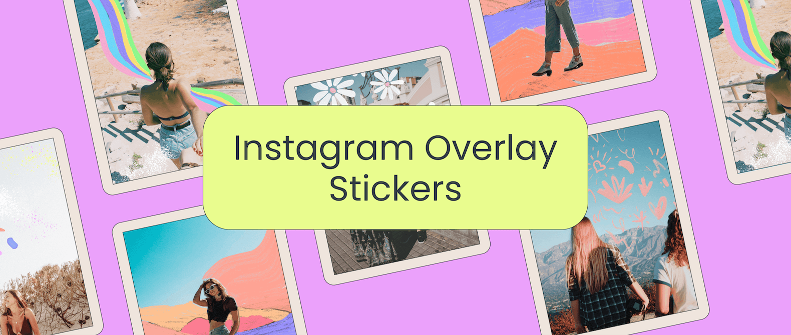 Text reading Instagram Overlay Stickers on a pink background with pattern of aesthetic Instagram photos