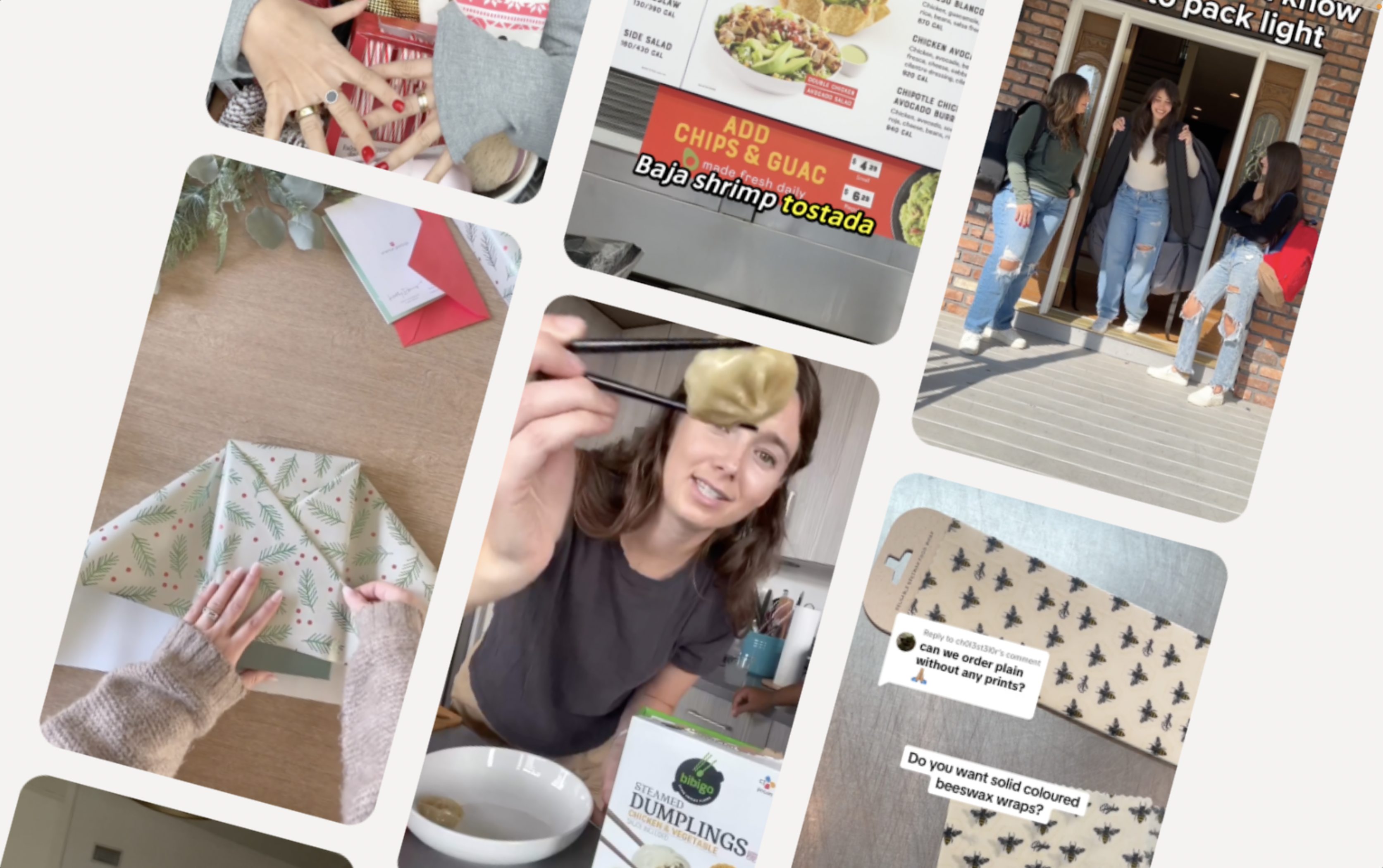 Collage of TikTok influencer content for brand partnerships powered by Later social media management services, including product promotions, food reviews, unboxing, and lifestyle moments