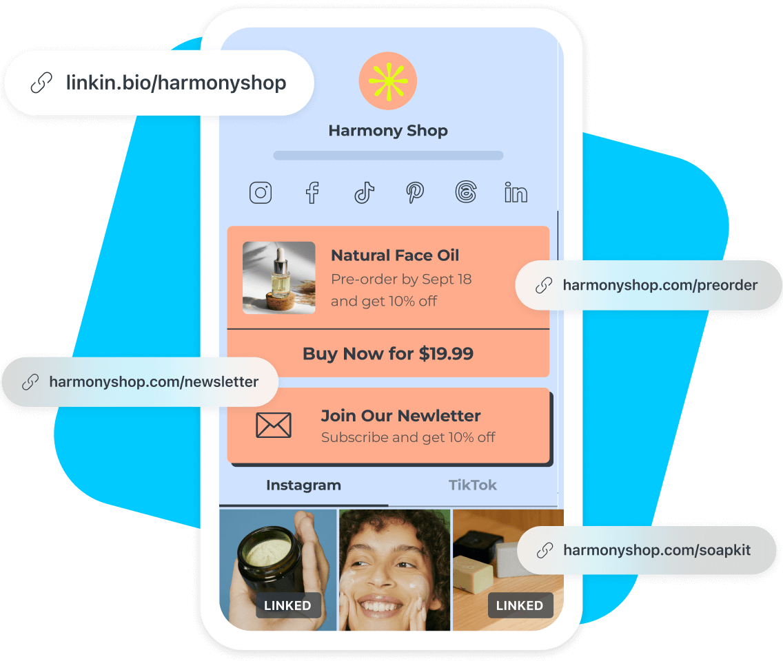 Harmony Shop uses Linkin.bio to promote products and newsletter as well as linking to Instagram and TikTok posts
