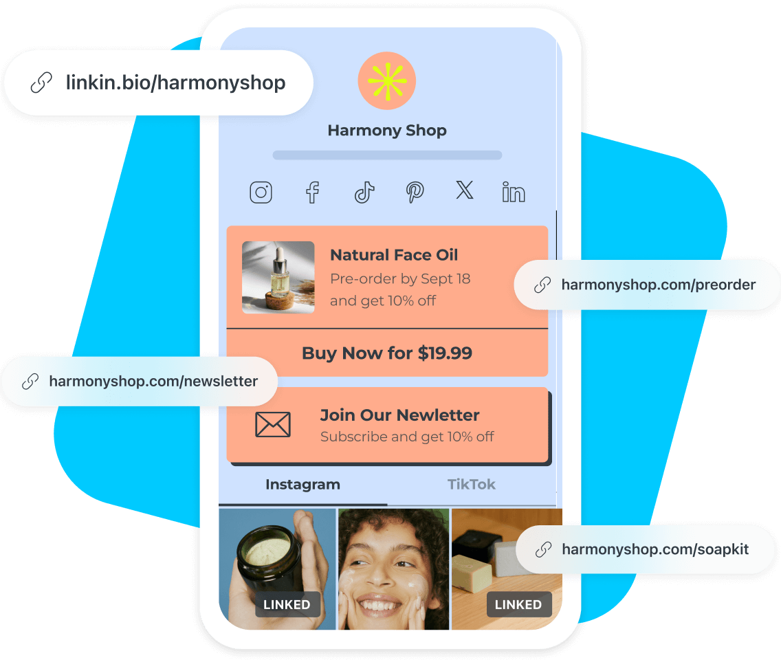 Harmony Shop uses Linkin.bio to promote products and newsletter as well as linking to Instagram and TikTok posts