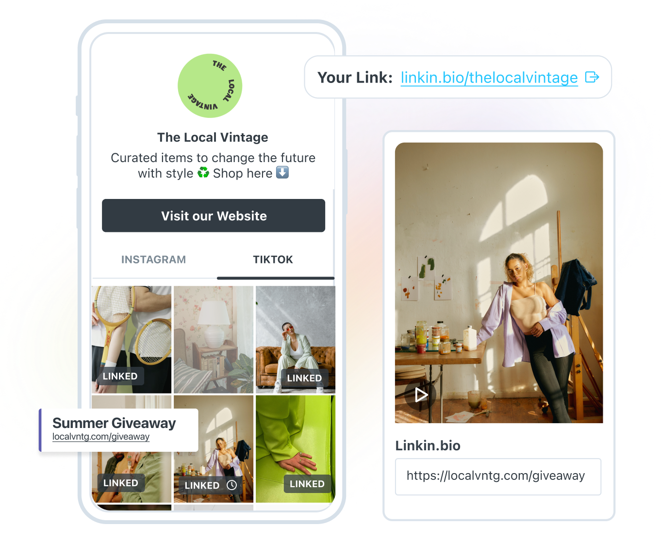 The Local Vintage utiliza la herramienta de enlace en la biografía de Later para dirigir el tráfico desde su perfil de TikTok.