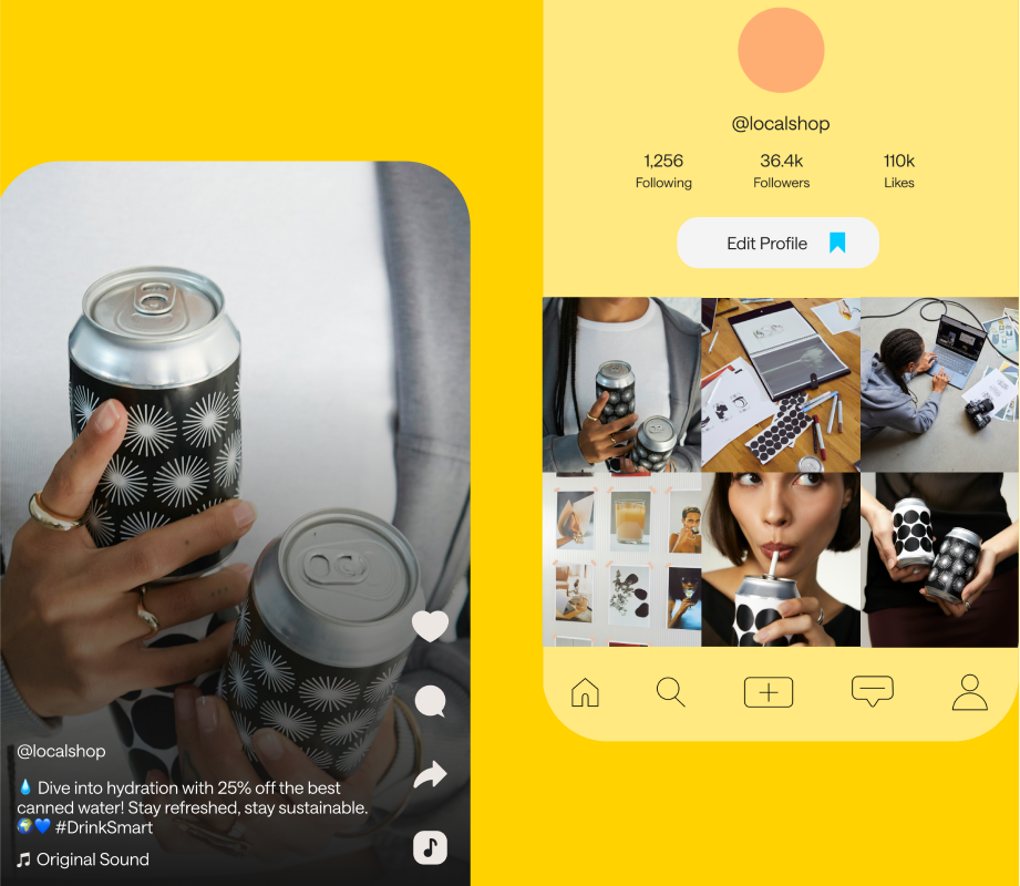 Screenshots of social media content on a yellow background