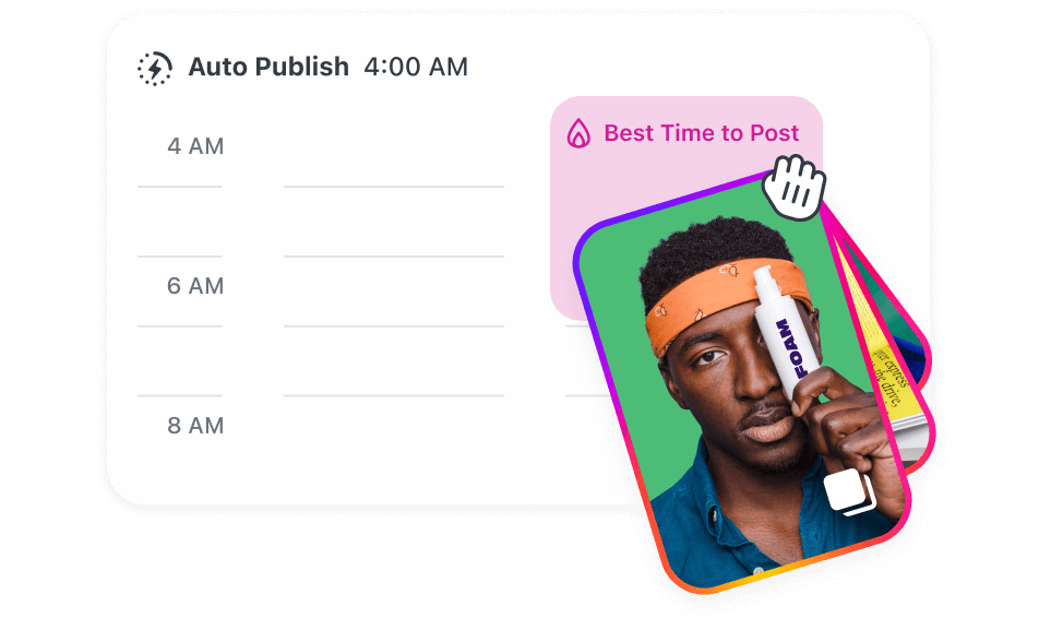 Screenshot of Later’s Social Media Scheduler interface showing an auto-publish slot at 4:00 AM with time markers at 4 AM, 6 AM, and 8 AM, a pink “Best Time to Post” badge, and an overlapping post preview card of a man holding a foam product.