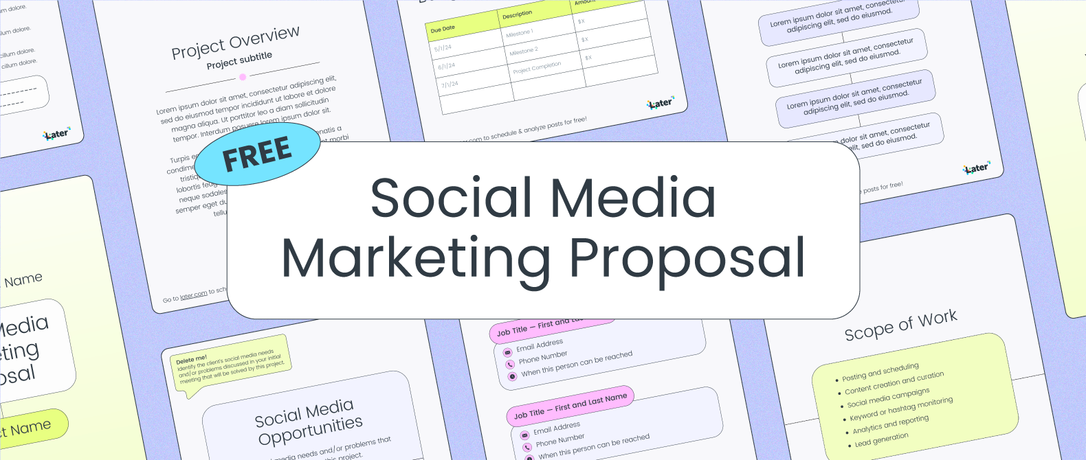 Decorative header for Later’s free social media proposal template.