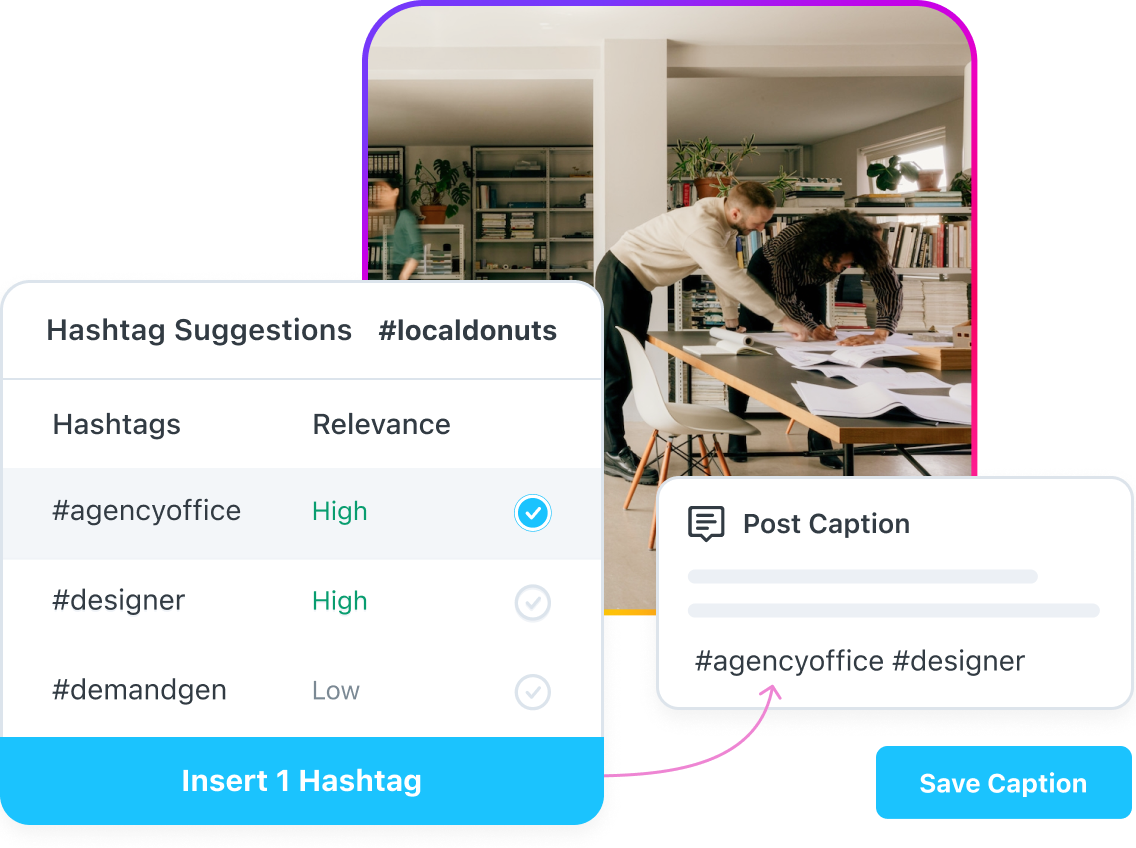 La herramienta Sugerencias de Hashtags de Later te ayuda a elegir hashtags relevantes para cada post
