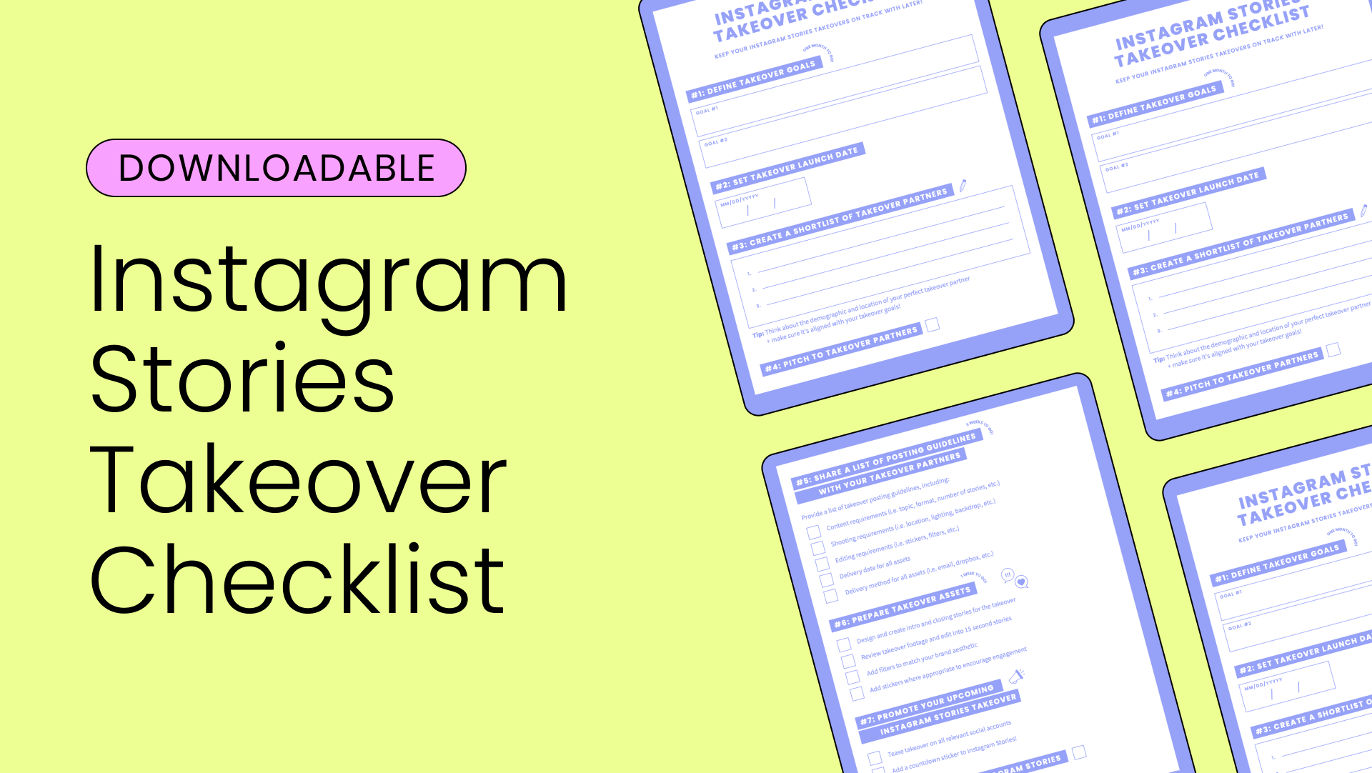 Decorative image reading Downloadable Instagram Stories Takeover Checklist on yellow background with checklist graphic