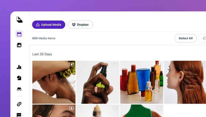 Later's media library displaying uploaded files alongside assets imported from Canva and Dropbox and collected user-generated content.