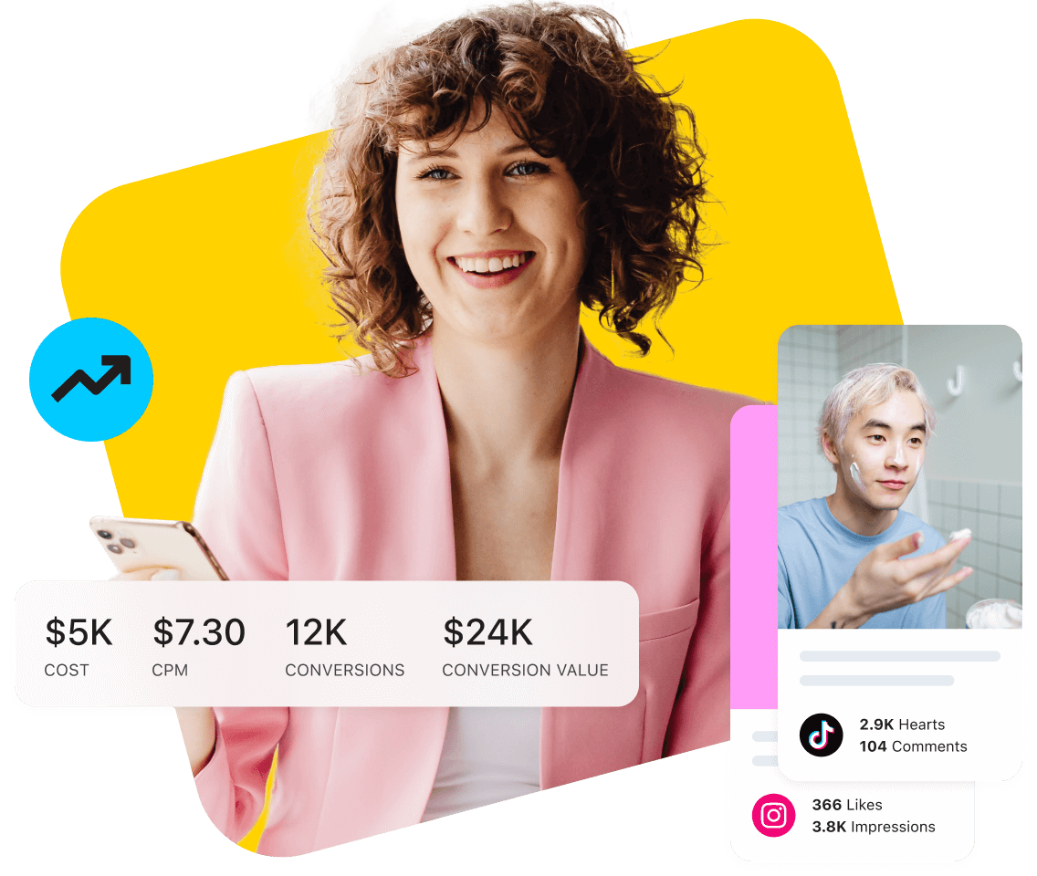 Woman in pink blazer uses Later Influencer Marketing Services to generate revenue and track campaigns