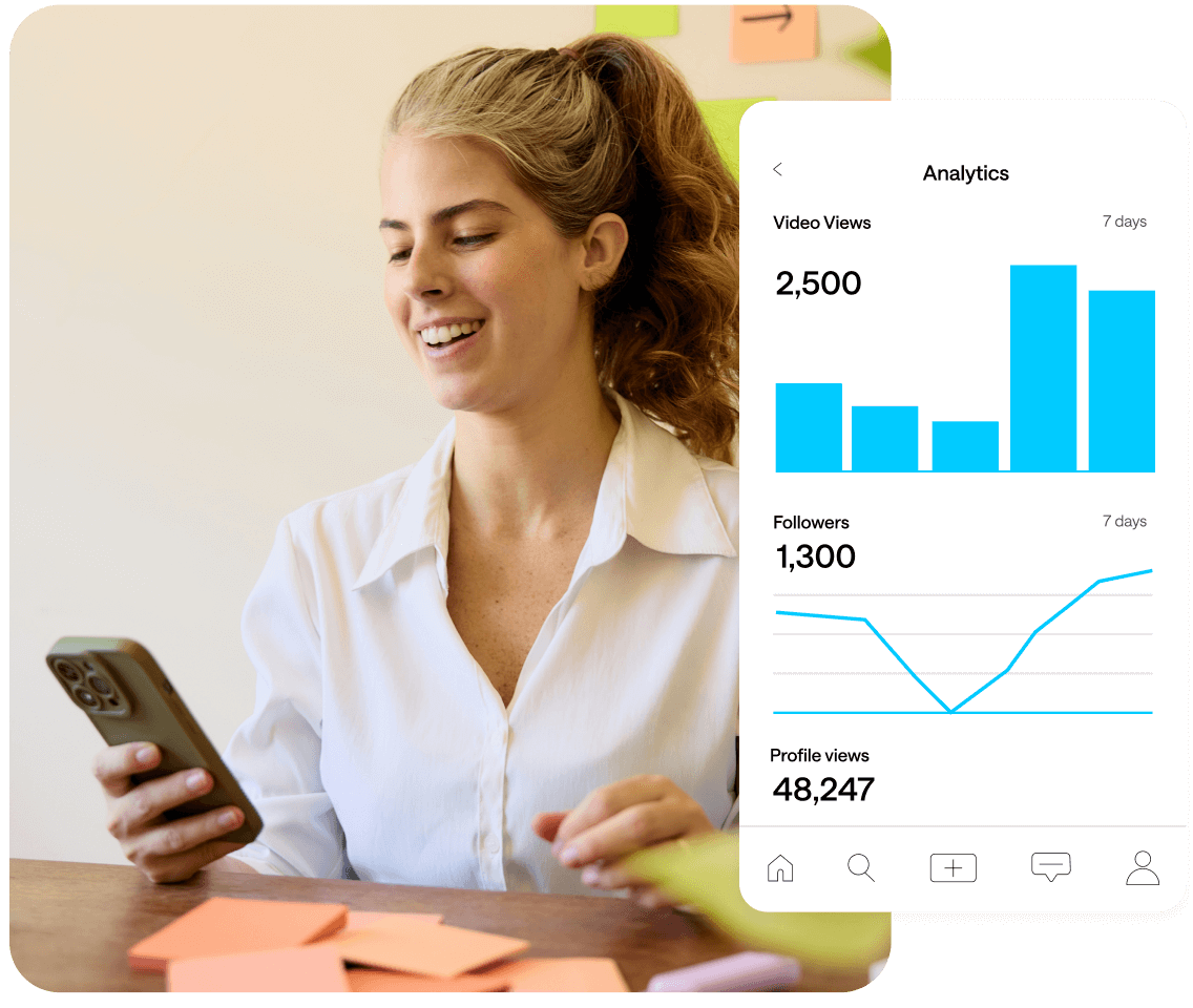 Woman with ponytail looks at social media analytics on Later Social mobile app