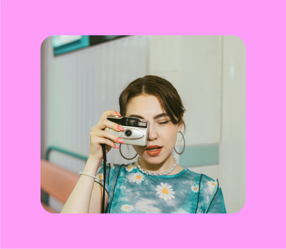 Photo of a creator taking a picture with a digital camera and a photo of someone using their phone to take a picture of coffee and a pastry.